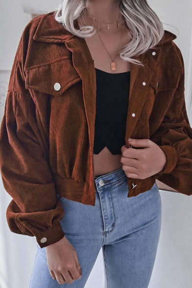 Cool Girls Plain Jacket Corduroy Blouson Sleeve Spread Collar Button Up Relaxed Crop Jacket