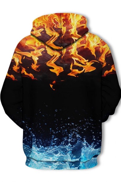 Elegant Men's Hoodie Fire Flame Water 3D Pattern Front Pocket Long-sleeved Regular Fitted Drawstring Hooded Sweatshirt