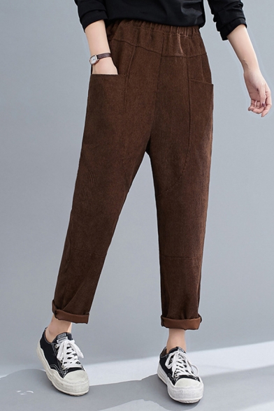 Elegant Women's Pants Corduroy Solid Color Side Front Pockets Drawstring Waist Ankle Length Tapered Pant