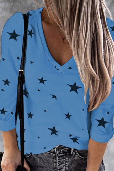 Elegant Women's Tee Top All over Star Printed V Neck Long Sleeves Regular Fitted T-Shirt