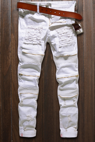 Fancy Men's Jeans Distressed Pleated Zip Detail Mid Waist Straight Long Jeans