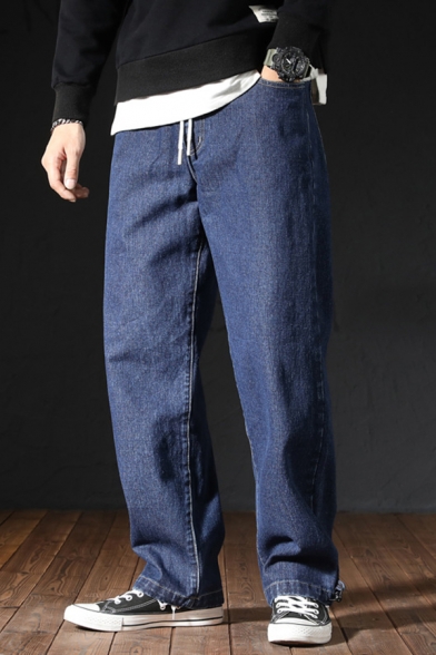 Fancy Men's Jeans Faded Wash Side Pockets Drawstring Waist Long Wide-Leg Pants