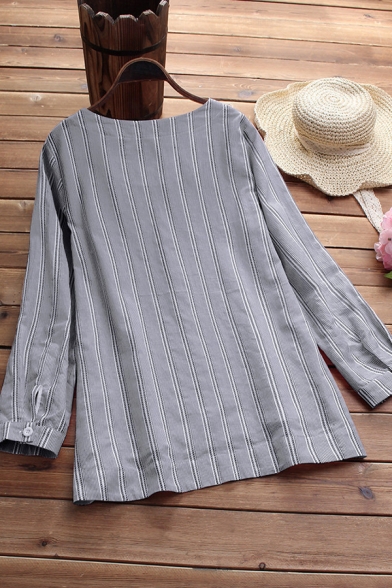 Fancy Women's Blouse Stripe Pattern Chest Pocket Button Detail Round Neck Long-sleeved Relaxed Fit Blouse