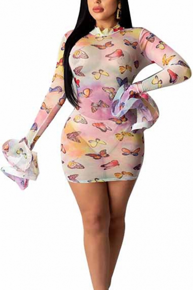 Fancy Women's Bodycon Dress Transparent Detail Butterfly Tie Dye Graphic Pattern Mock Neck Long Flare Cuff Sleeves Slim Fitted Mini Bodycon Dress