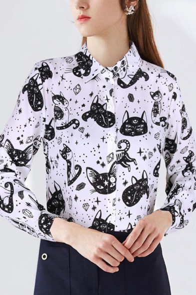 Fancy Women's Shirt Blouse All over Cat Cartoon Print Button Placket Turn-down Collar Long Sleeves Regular Fitted Shirt Blouse