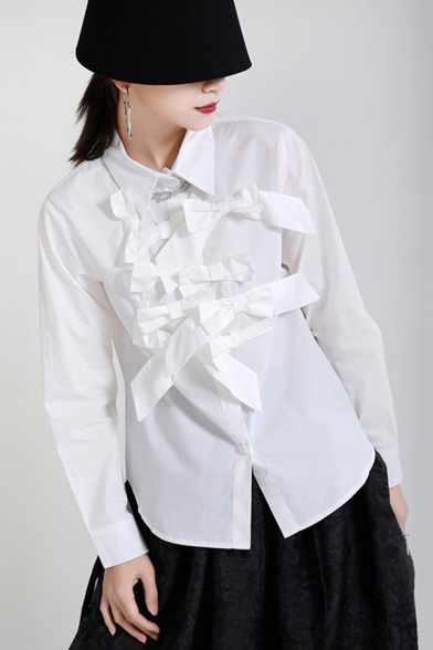 Fancy Women's Shirt Blouse Bow Tie Detail Point Collar Long Sleeves Button Fly Regular Fitted Shirt Blouse