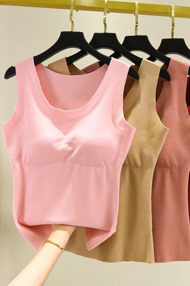 Fancy Women's Tank Top Solid Color Round Neck Raw Hem Sleeveless Chest Pads Bottoming Cami Top