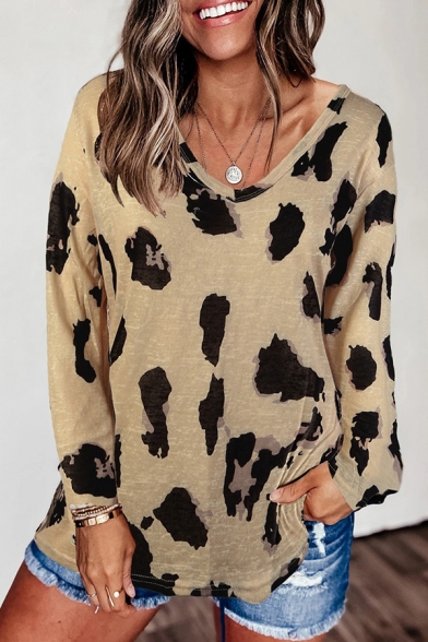 Fancy Women's Tee Top Leopard Printed Round Neck Long Sleeves Relaxed Fit Tunic T-Shirt