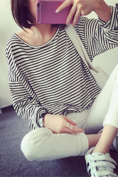 Fancy Women's Tee Top Stripe Pattern Crew Neck Long Sleeves Drop Shoulder Relaxed Fit T-Shirt