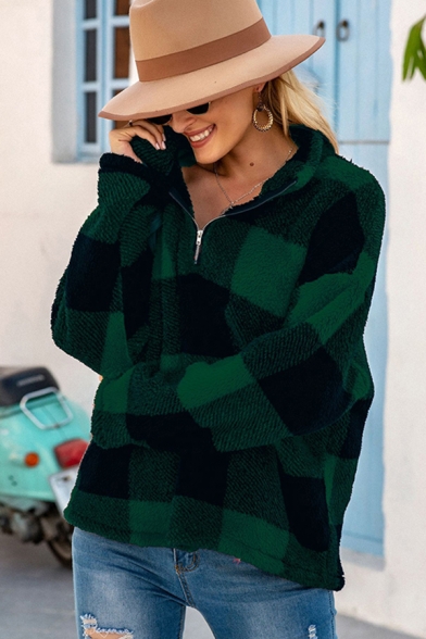 Fashion Girls Sweatshirt Plaid Printed Long Sleeve Stand Collar Zip Up Relaxed Fit Pullover Sweatshirt