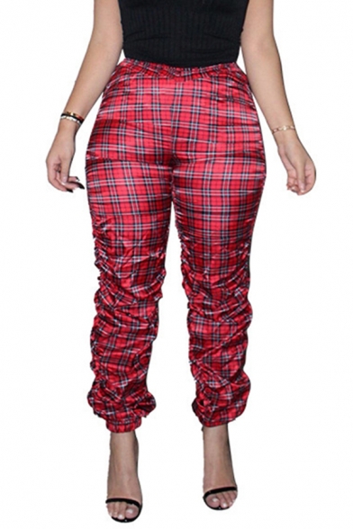 Fashionable Girls Pants Plaid Printed Mid Rise Ankle Length Relaxed Pants