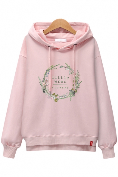Floral Cat Letter Embroidered Long Sleeve Hoodie