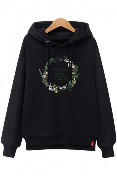 Floral Cat Letter Embroidered Long Sleeve Hoodie