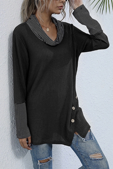 Girls Simple Striped Print Panel Long Sleeve Cowl Neck Button Detail Long Relaxed Tee