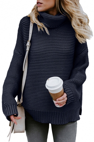 Girls Trendy Sweater Knitted Long Sleeve Cowl Neck Loose Fit Plain Pullover Sweater