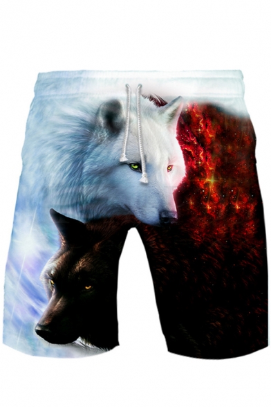 Hot Fancy Contrast Wolf Print Drawstring Waist Sports Shorts