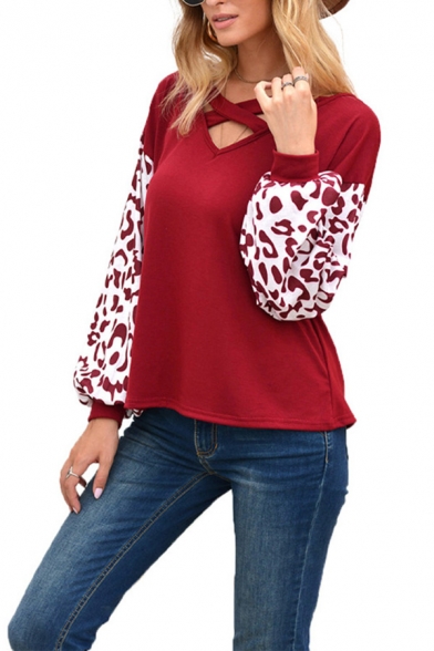 Ladies Fashion Leopard Patterned Blouson Sleeves Hollow-out V-neck Loose Tee