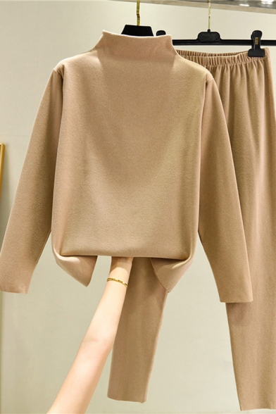 Leisure Women's Set Plain Mock Neck Long-sleeved Brushed Inside Sweatshirt with Elastic Waist Long Pants Co-ords