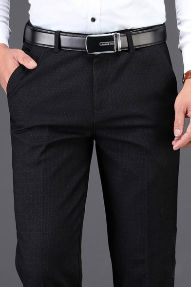 Mens Business Pants Stylish Pockets Zipper Fly High Waist Full Length Loose Fit Straight Tailored Pants