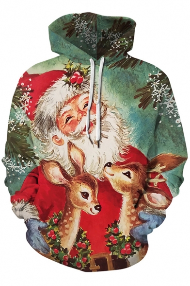 Mens Fancy Hoodie Santa Claus 3D Print Long Sleeve Drawstring Kangaroo Pocket Loose Hoodie
