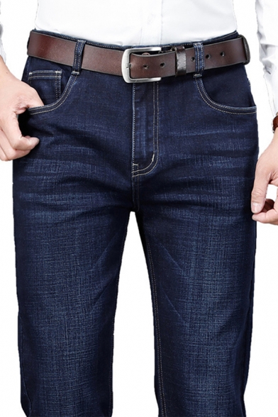 Novelty Mens Business Jeans Dark Wash Pockets Stretch Zipper Fly Regular Fit Long Straight Jeans