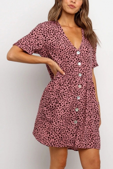 Popular Dress Leopard Print Short Sleeve Deep V-neck Button Up Short A-line Dress for Ladies