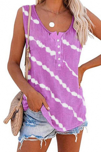 Simple Girls Tank Top Striped Round Neck Button Up Loose Fit Tank