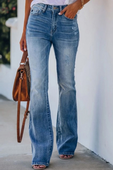 Simple Womens Bleach Mid Waist Long Length Flared Jeans in Blue