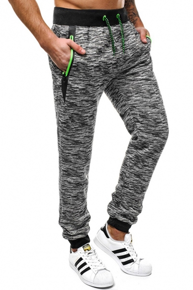 Sporty Men's Pants Space Dye Pattern Contrast Stitching Ankle Tied Side Pockets Drawstring Low Waist Regular Fitted Long Jogger Pants