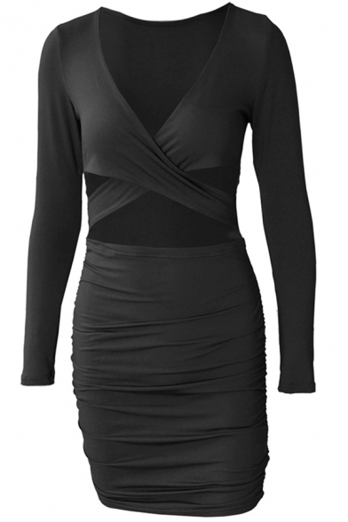 Stylish Women Bodycon Dress Solid Color Hollow out Ruched Detail Surplice Neck Long Sleeves Slim Fitted Short Bodycon Dress