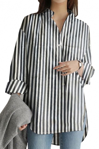 Stylish Womens Shirt Striped Pattern Roll-up Sleeve Stand Collar Button-up Curved Hem Loose Longline Shirt Top