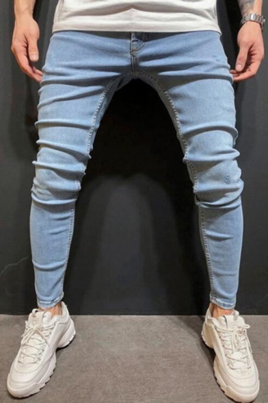 Trendy Men's Jeans Solid Color Side Pocket Zip Fly Ankle Length Skinny Jeans with Washing Effect