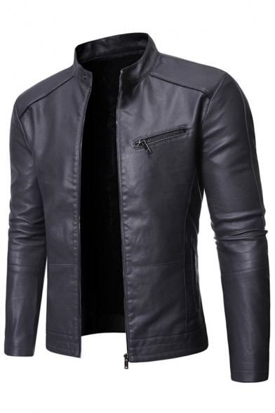 Trendy Men's Leather Jacket Solid Color Zip Placket Stand Collar Long-sleeved Regular Fitted Leather Jacket