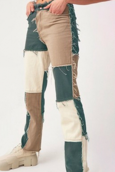 Trendy Women's Pants Color Block Contrast Panel Frayed Hem Zipper Fly Side Pockets High Waist Ankle Length Straight Pants