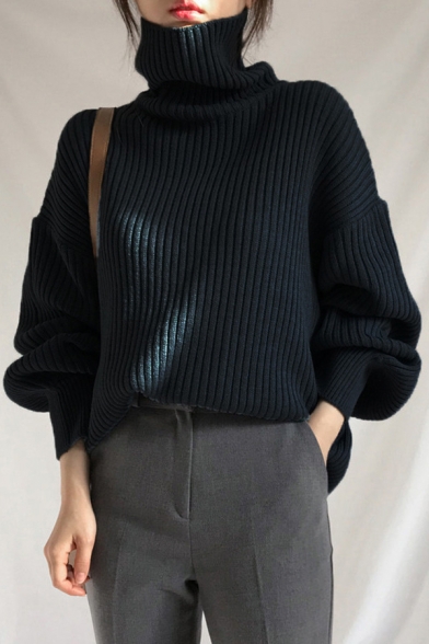 Trendy Women's Sweater Solid Color Ribbed Knit Long Bishop Sleeves High Neck Relaxed Fit Sweater