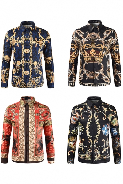 Tribal Style Men's Shirt Button-down Point Collar All over Chain Floral Tribal Art Print Long-sleeved Regular Fitted Shirt