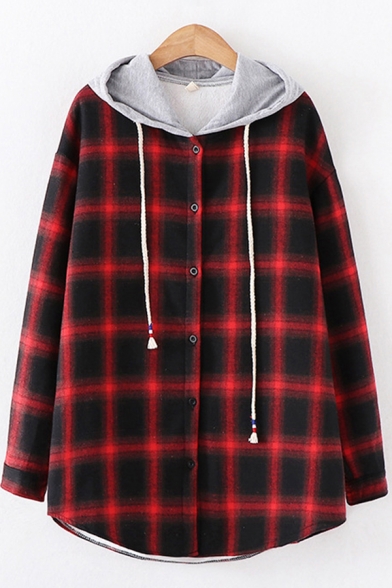 Warm Leisure Shirt Plaid Print Sherpa Lined Long Sleeve Hooded Button Up Curved Hem Loose Shirt Top