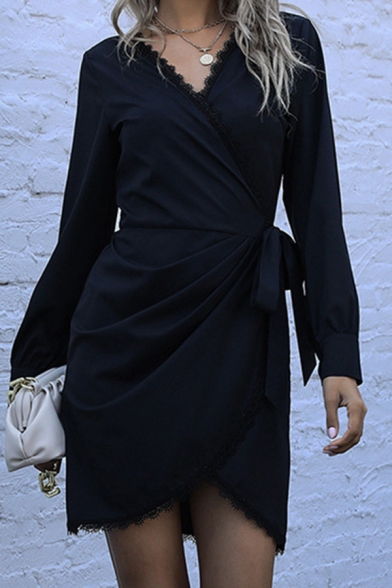 Womens Black Long Sleeve Surplice-neck Bow Tied Waist Lace-trim Short Wrap Elegant Dress