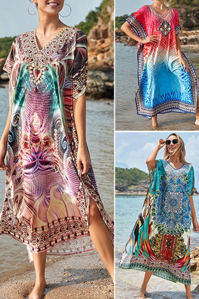 Womens Dress Chic Jewelry Abstract Positioning Pattern Quick Dry Short Batwing Sleeve Maxi Loose Fitted V Neck Beach Cover up Dress