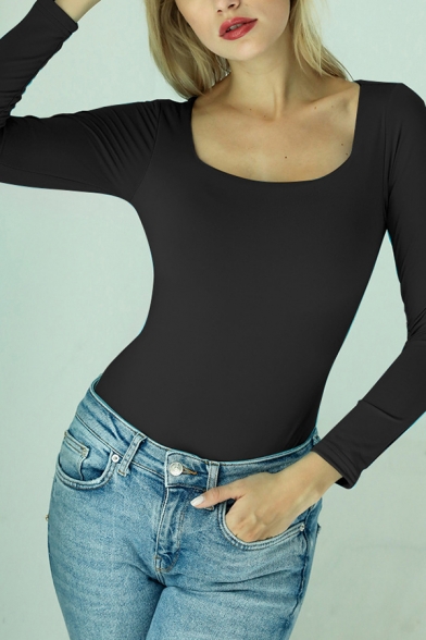Basic Women's Tee Top Solid Color Square Neck Long-sleeved Slim Fitted Bottoming T-Shirt