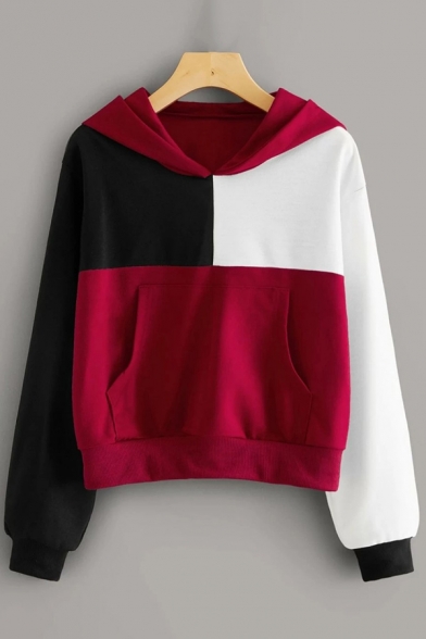 Casual Womens Hoodie Color Block Contrast Panel Front Pocket Banded Ribbed Cuffs Long-sleeved Relaxed Fit Hooded Sweatshirt