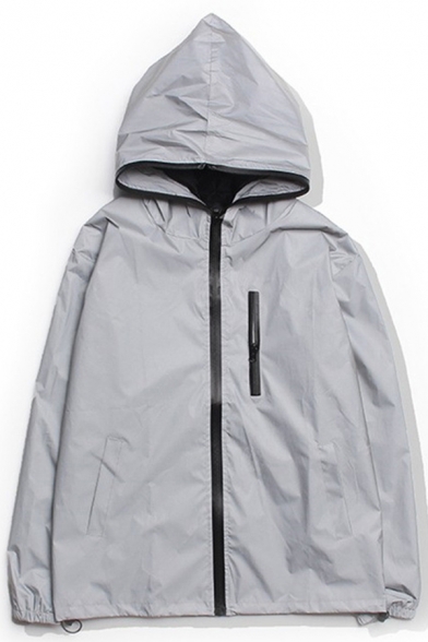 Cool Mens Jacket Reflect Light Design Zip Closure Banded Hem Long Sleeves Side Pockets Hooded Regular Fitted Jacket