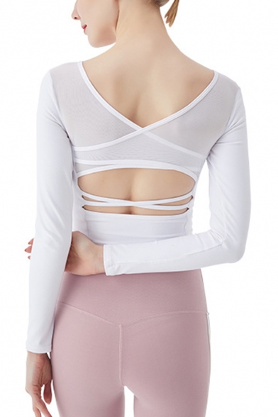 Cozy Women's Yoga Tee Top Solid Color Wrap Criss Cross Detail Round Neck Long-sleeved Fitted Training T-Shirt