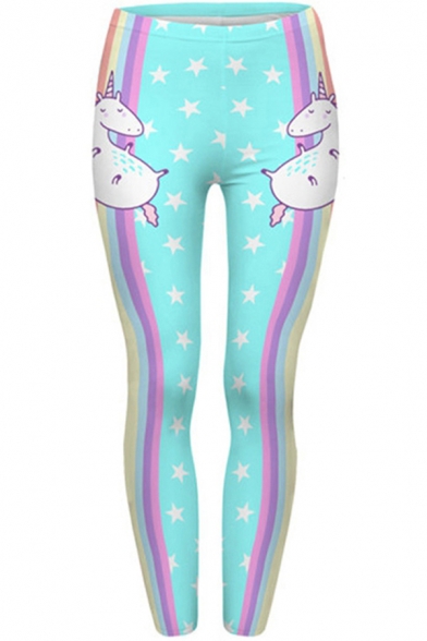 Cute Women's Leggings Cartoon Unicorn Pattern Mid Waist Full Length Skinny Leggings