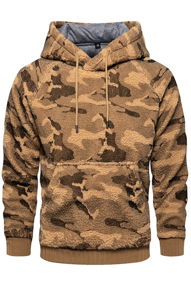 Abetteric Men Hood Pocket Fleece Camouflage Color Long Sleeve Pullover Sweatshirt