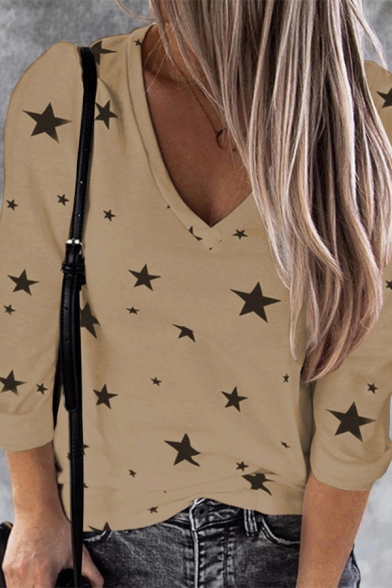 Elegant Women's Tee Top All over Star Printed V Neck Long Sleeves Regular Fitted T-Shirt