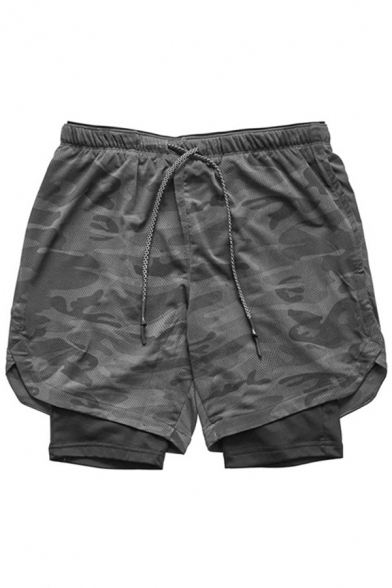 Fancy Men's Gym Shorts Camo Pattern Zip Pocket Elastic Waist Full Lined Regular Fitted Training Shorts