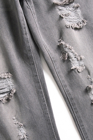 Fancy Men's Jeans Distressed Frayed Zip Fly Mid Waist Side Pocket Long Tapered Denim Jeans