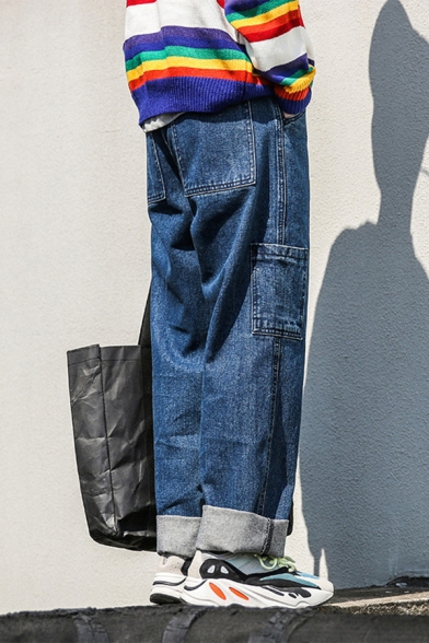 Fancy Men's Jeans Pocket Detail Zip Fly Ankle Length Wide Leg Jeans Washing Effect