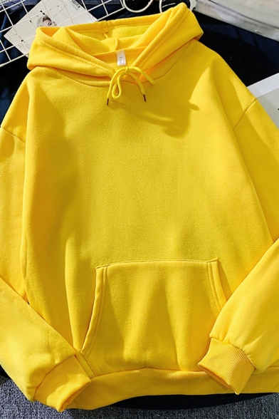 Fancy Women's Hoodie Solid Color Kangaroo Pocket Long Sleeves Relaxed Fit Drawstring Hooded Sweatshirt